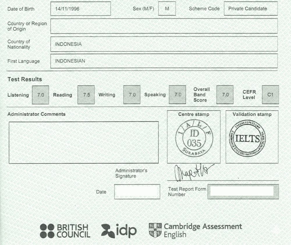 IELTS Test Report Form — Overall Band 7.0, CEFR C1, sekali tes